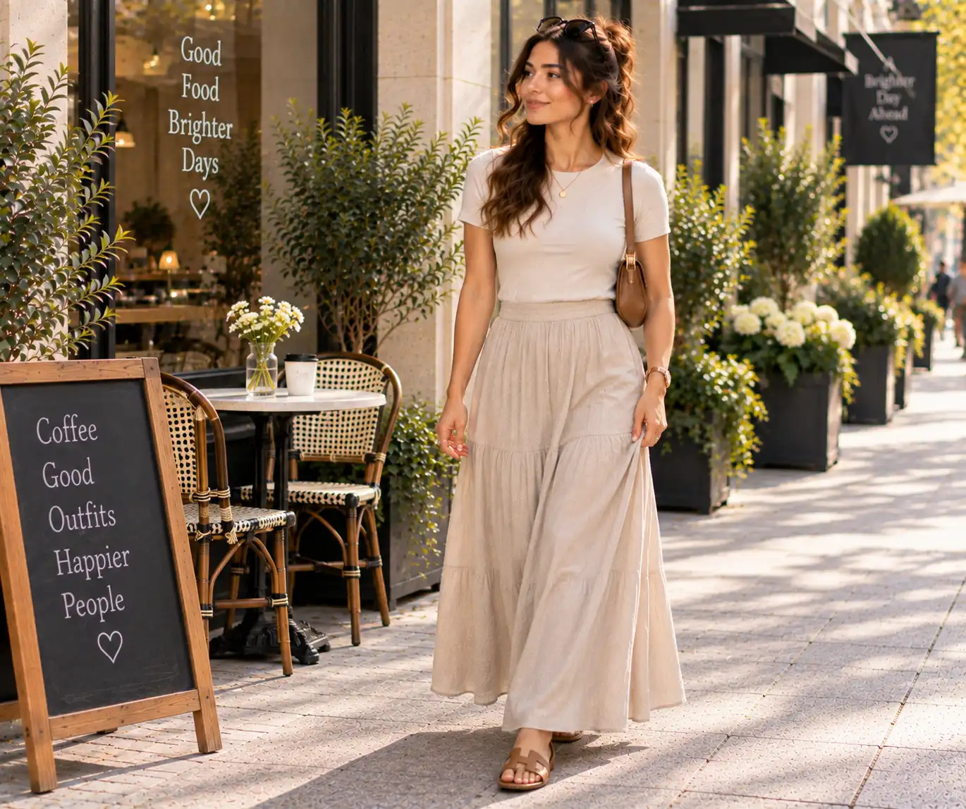 Woman wearing a long skirt with a simple top