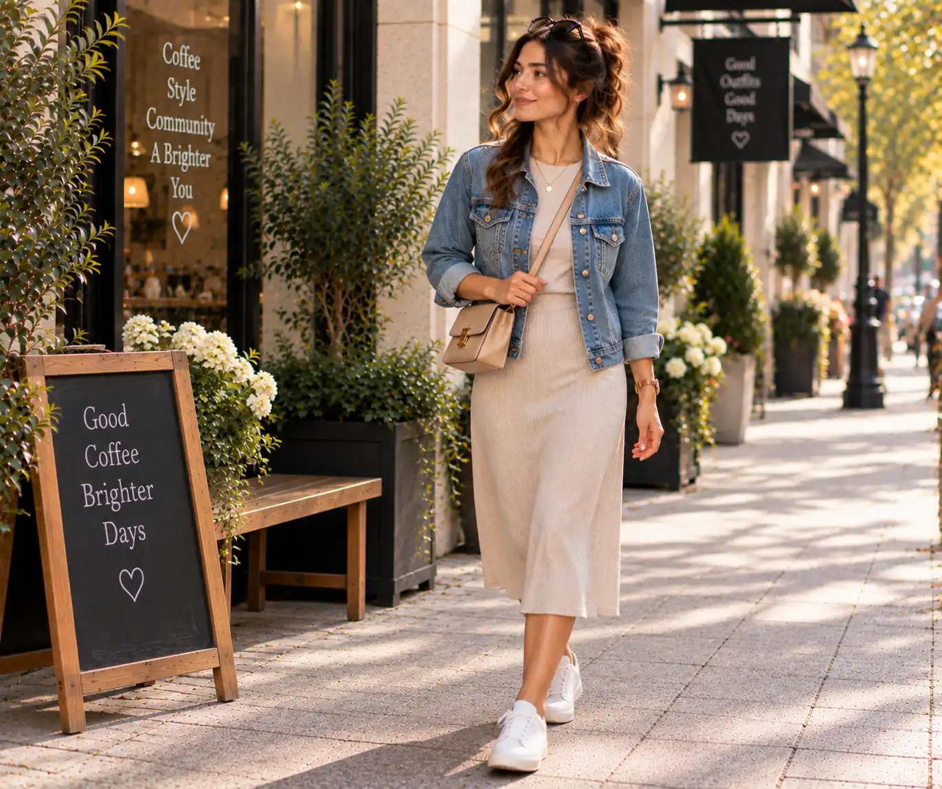Woman wearing a denim jacket over a casual dress