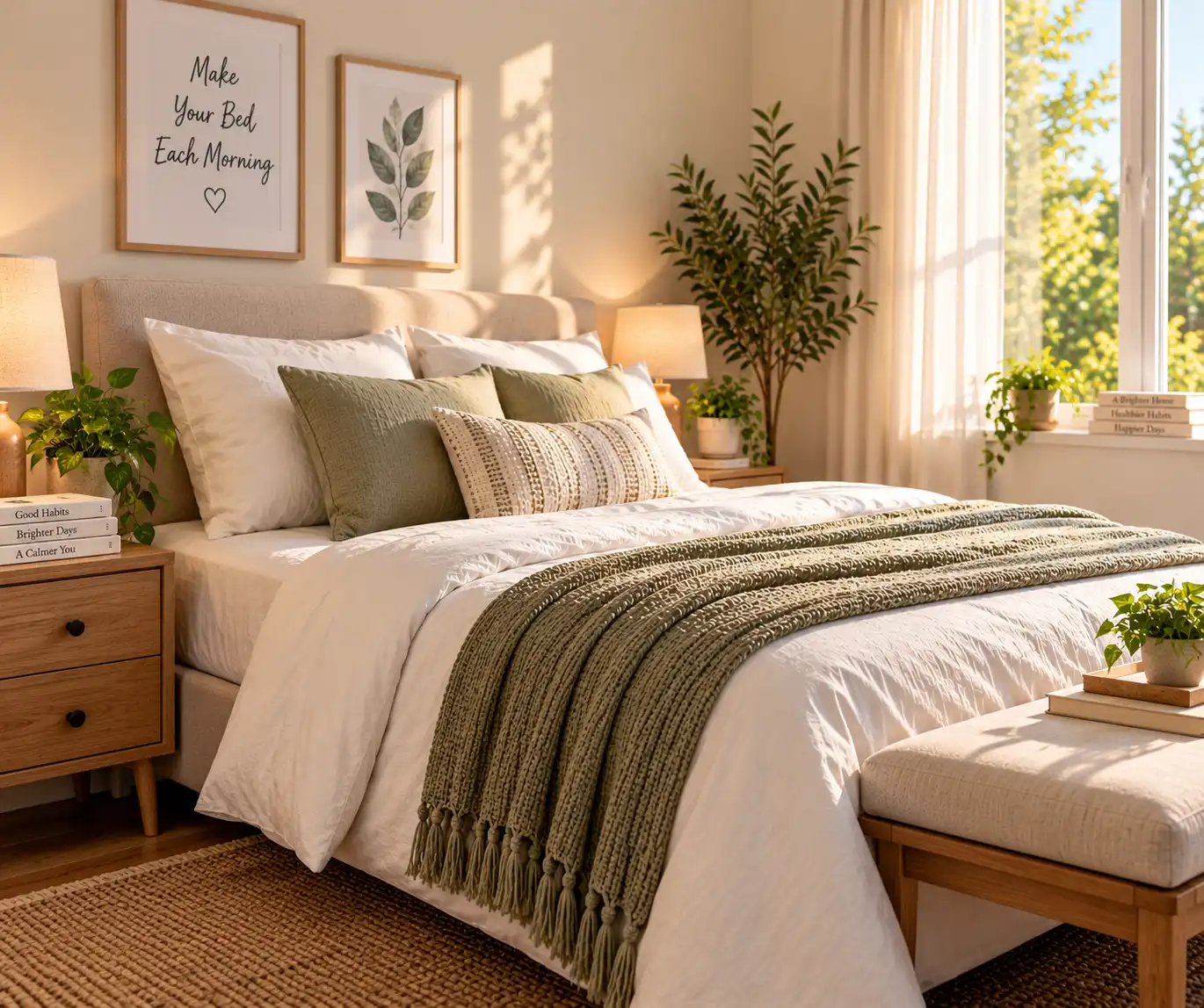 Neatly made bed in a bright cozy bedroom