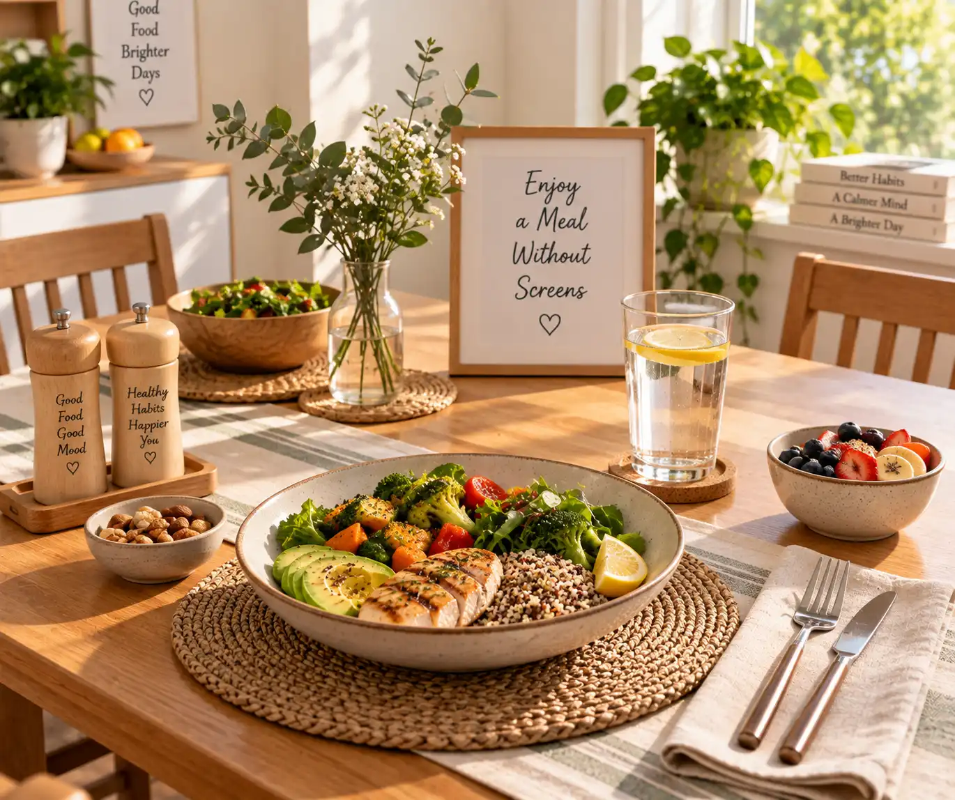 Screen-free meal at a simple dining table