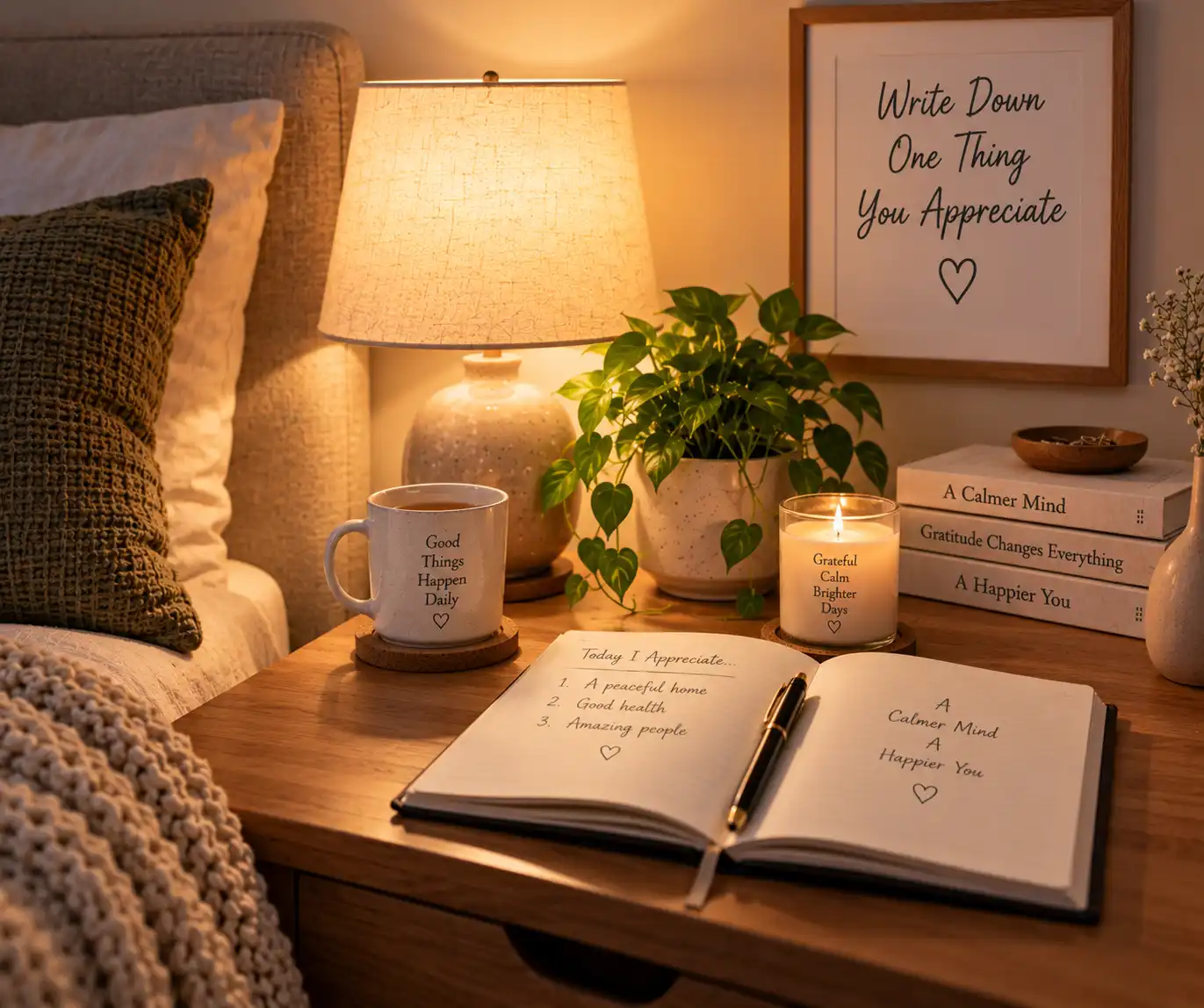 Gratitude journal beside a warm bedside lamp