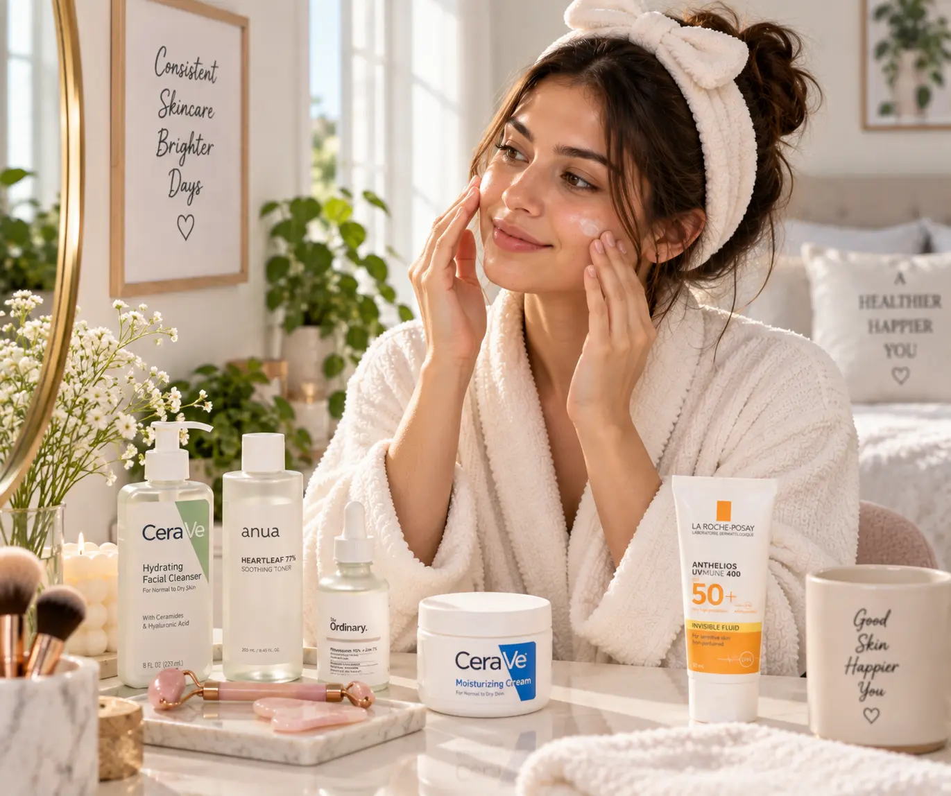Woman following a consistent daily skincare routine