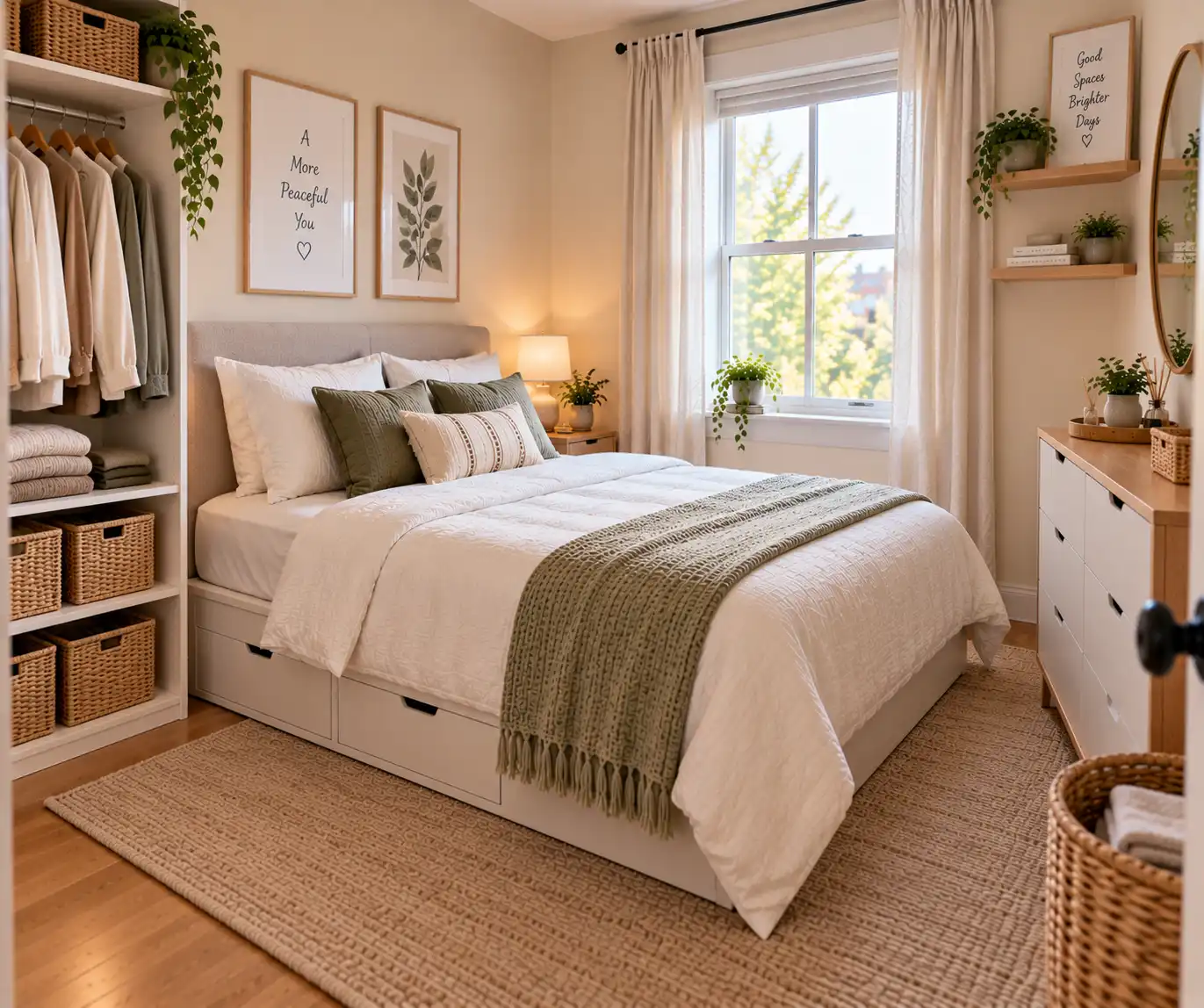 Decluttered small bedroom with organized storage