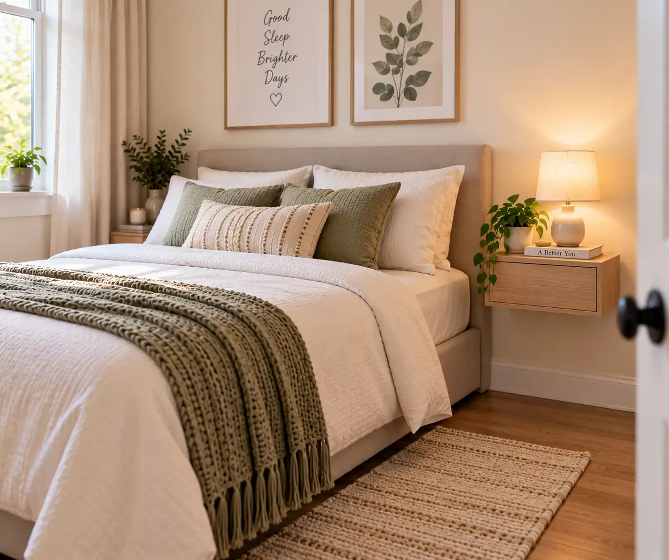 Small bedroom with a floating nightstand beside the bed