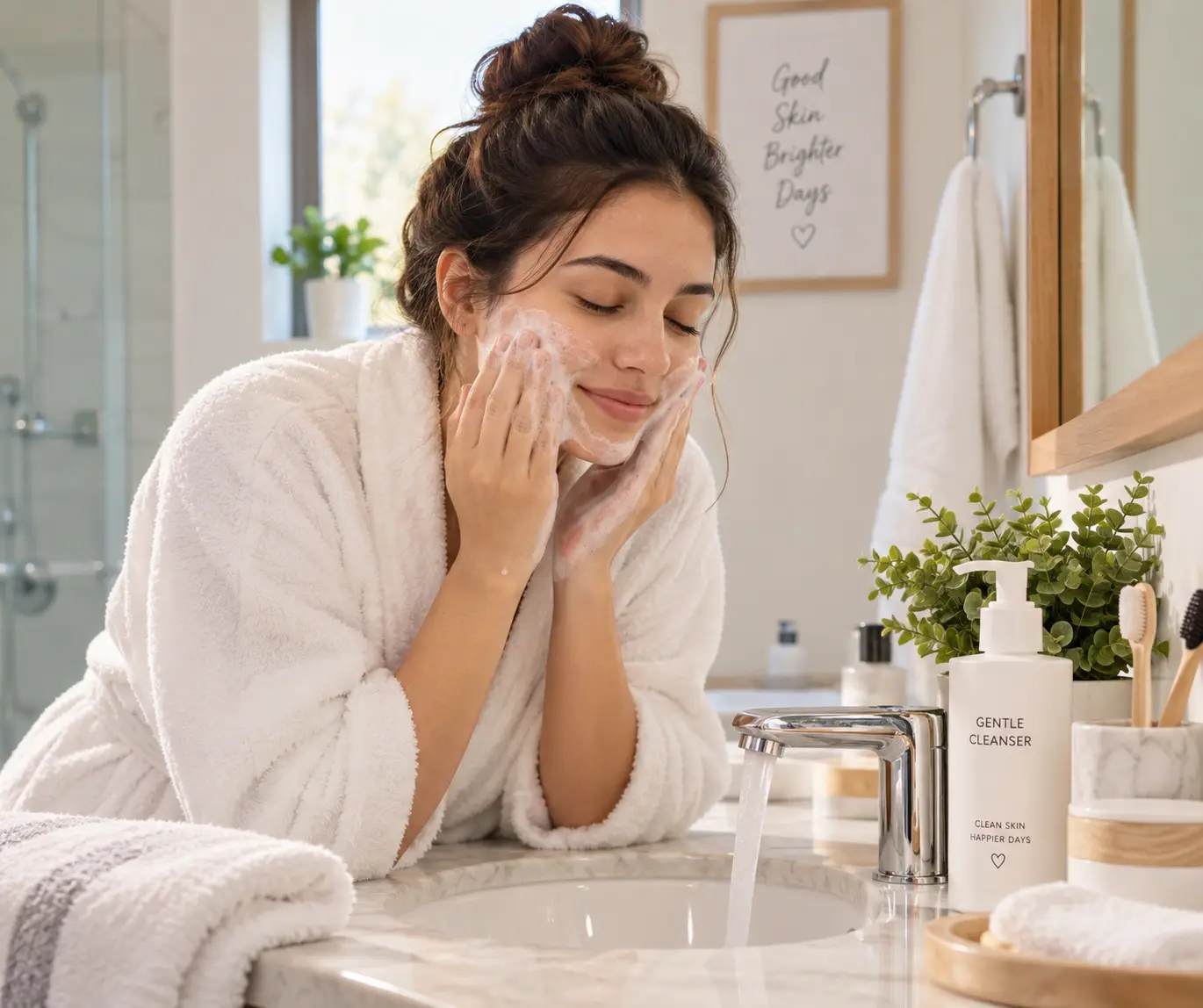 Woman gently cleansing her face as part of a simple skincare routine
