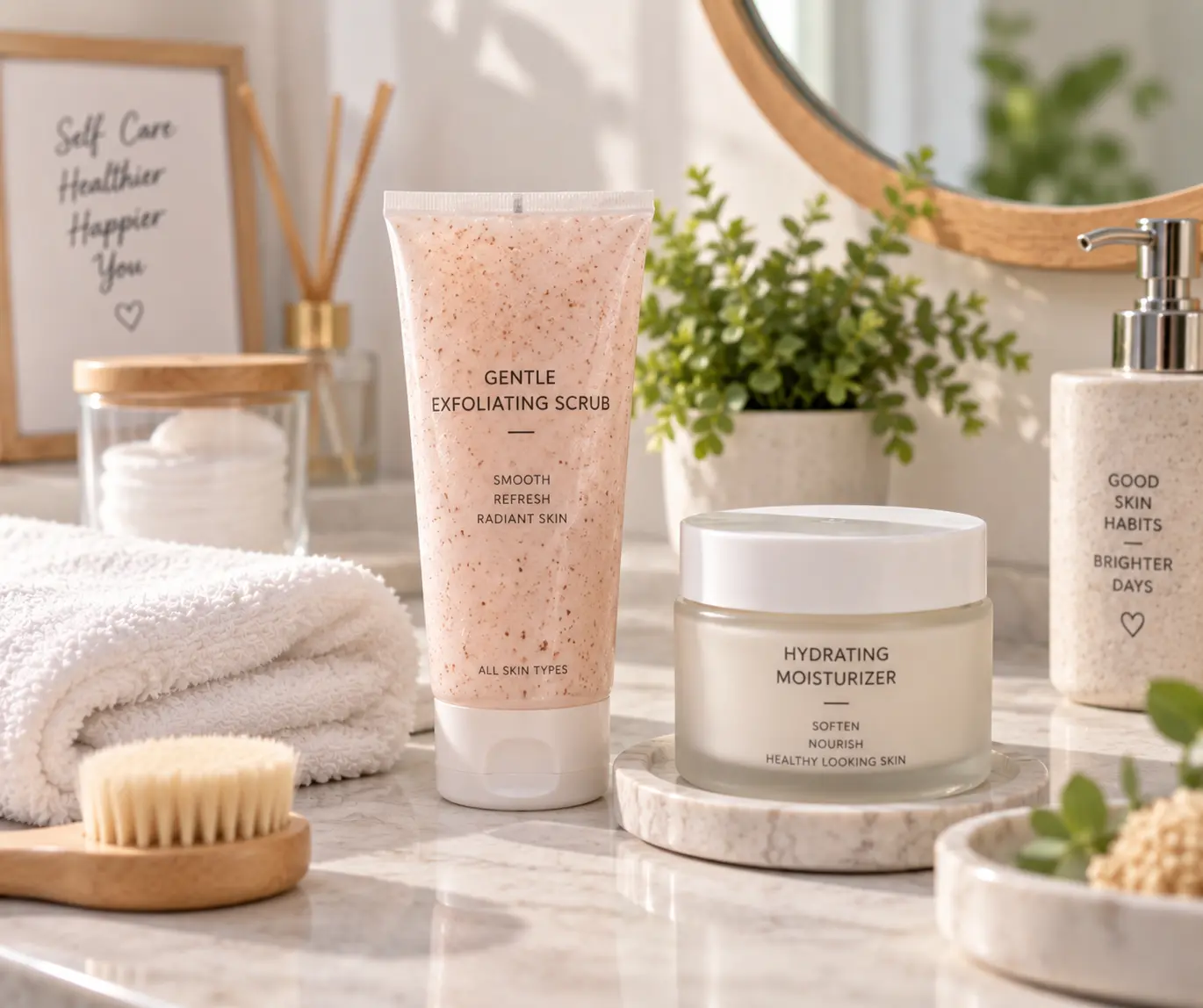 Gentle exfoliation products arranged for a simple skincare routine