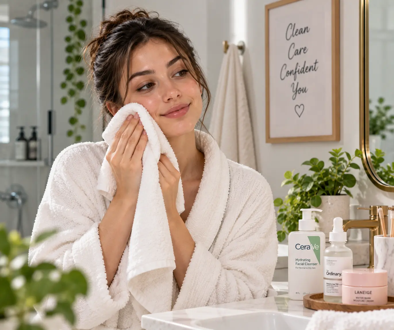 Gently patting the face dry after cleansing