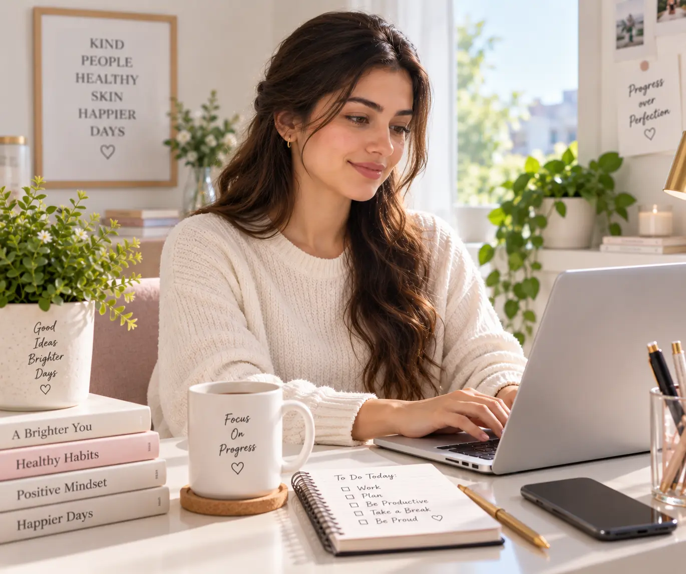Woman avoiding unnecessary face touching during the day