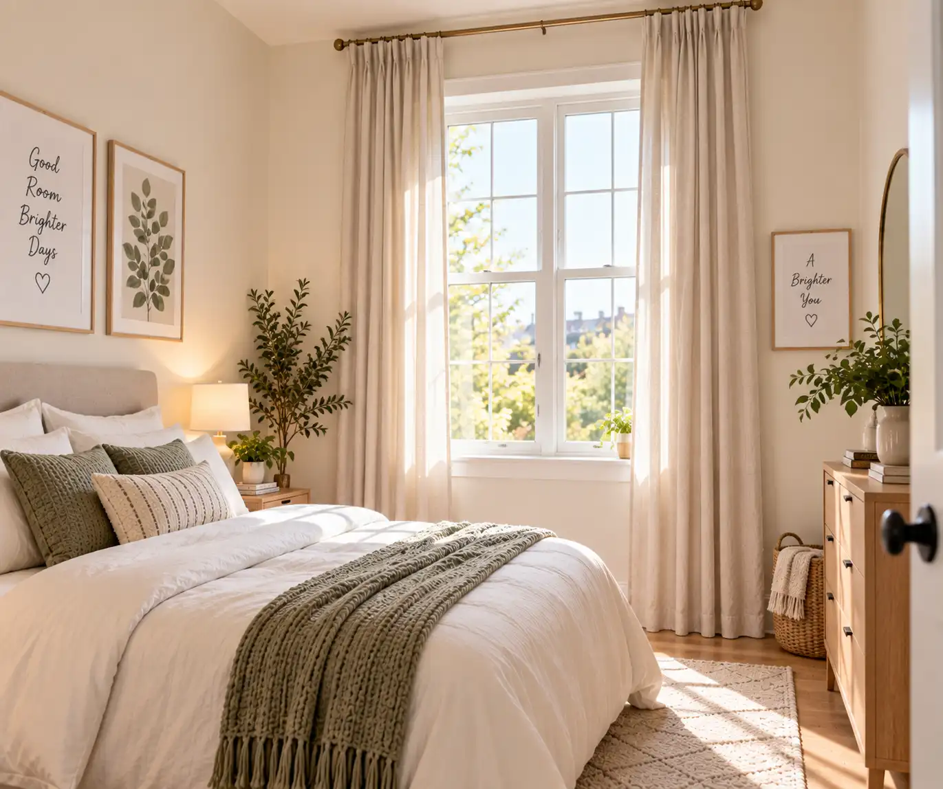 Small bedroom with high-hung floor-length curtains