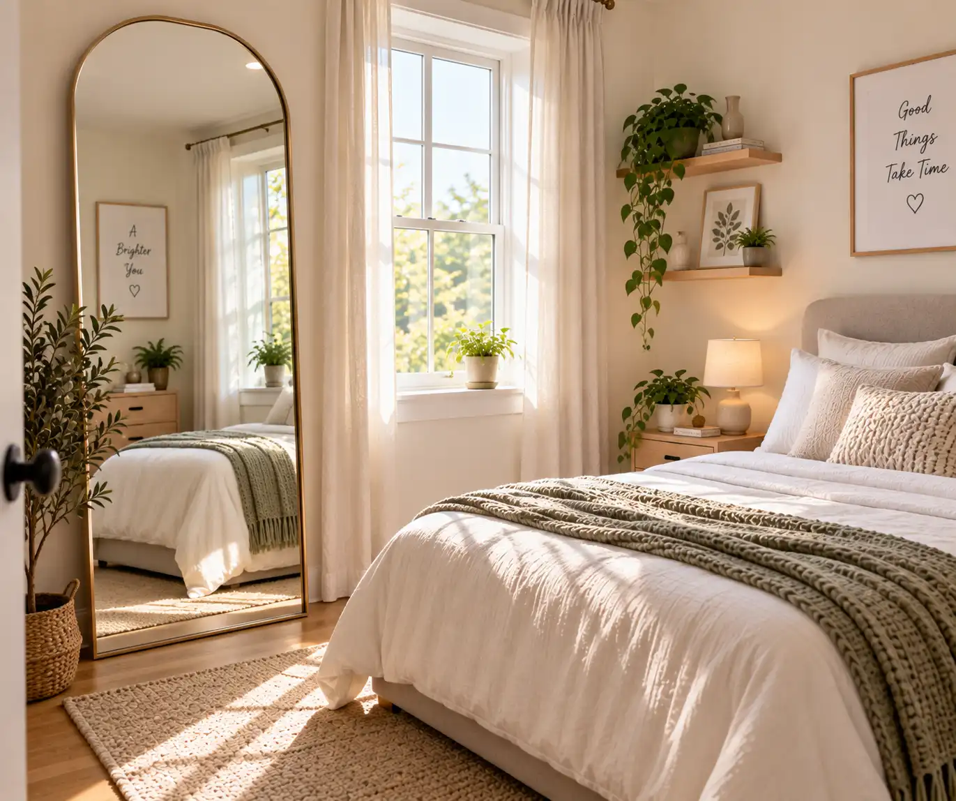 Large mirror making a small bedroom feel brighter