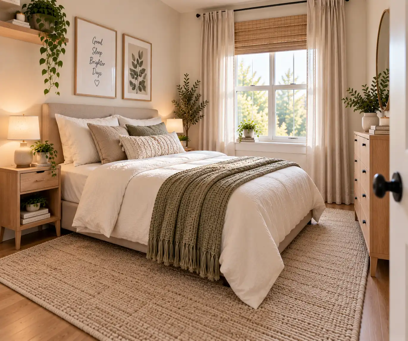 Small bedroom with a large neutral rug under the bed