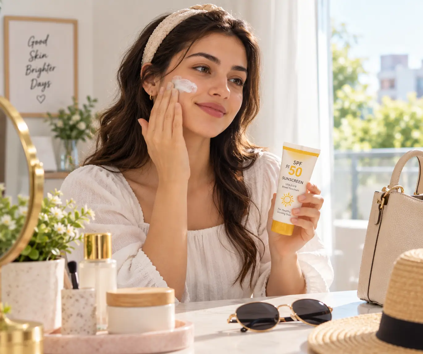 Applying sunscreen as part of a morning skincare routine