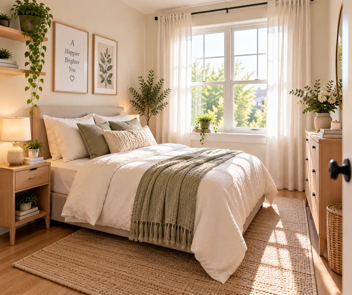 Bright small bedroom filled with natural morning light