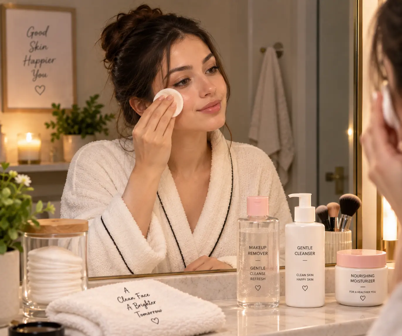 Woman removing makeup before her nighttime skincare routine
