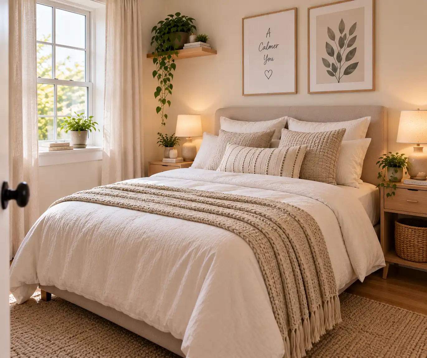 Small bedroom with simple neutral bedding and soft textures