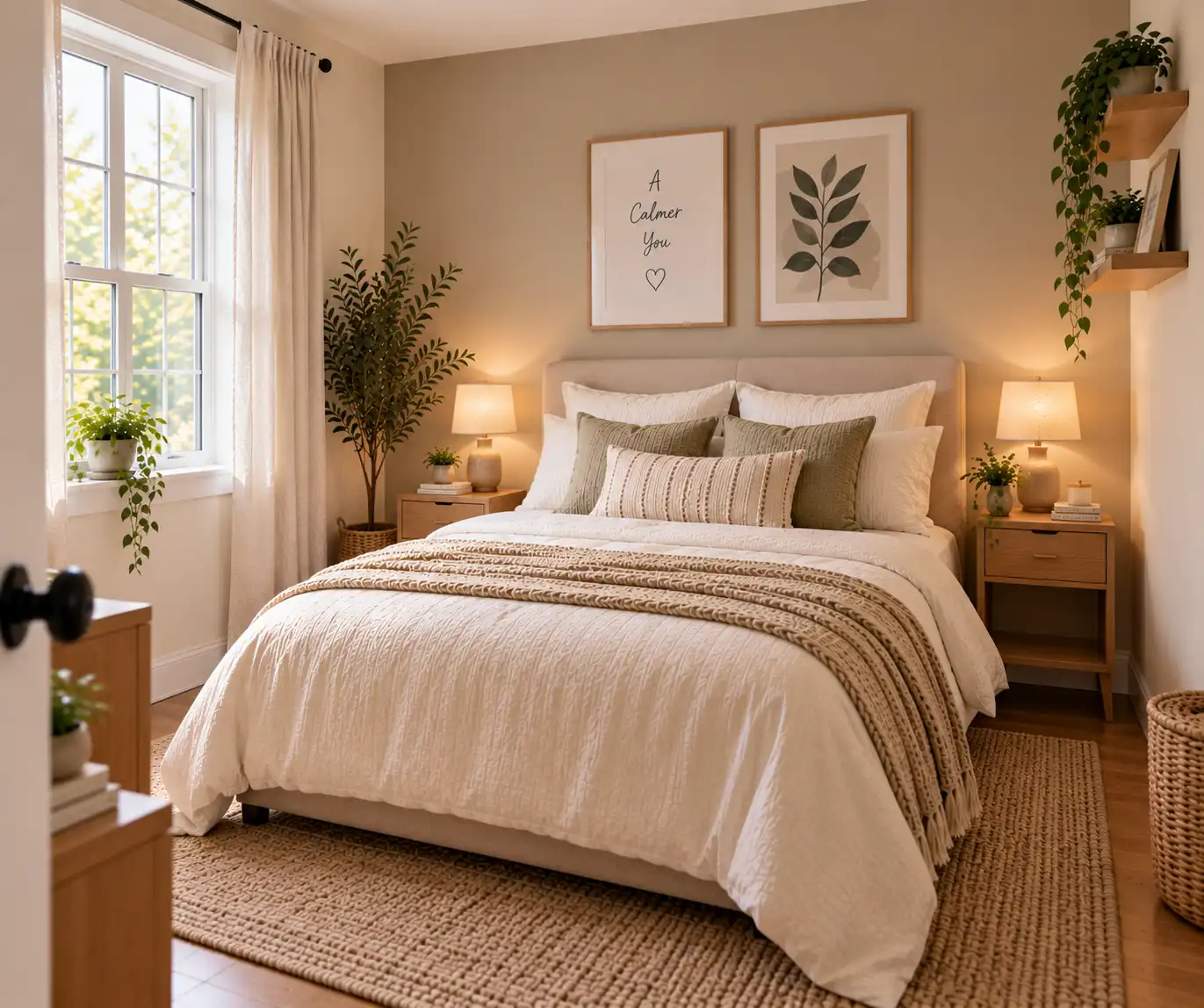 Small bedroom with a soft accent wall behind the bed