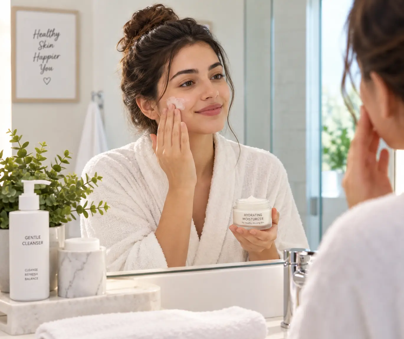 Woman applying moisturizer to keep her skin soft and hydrated