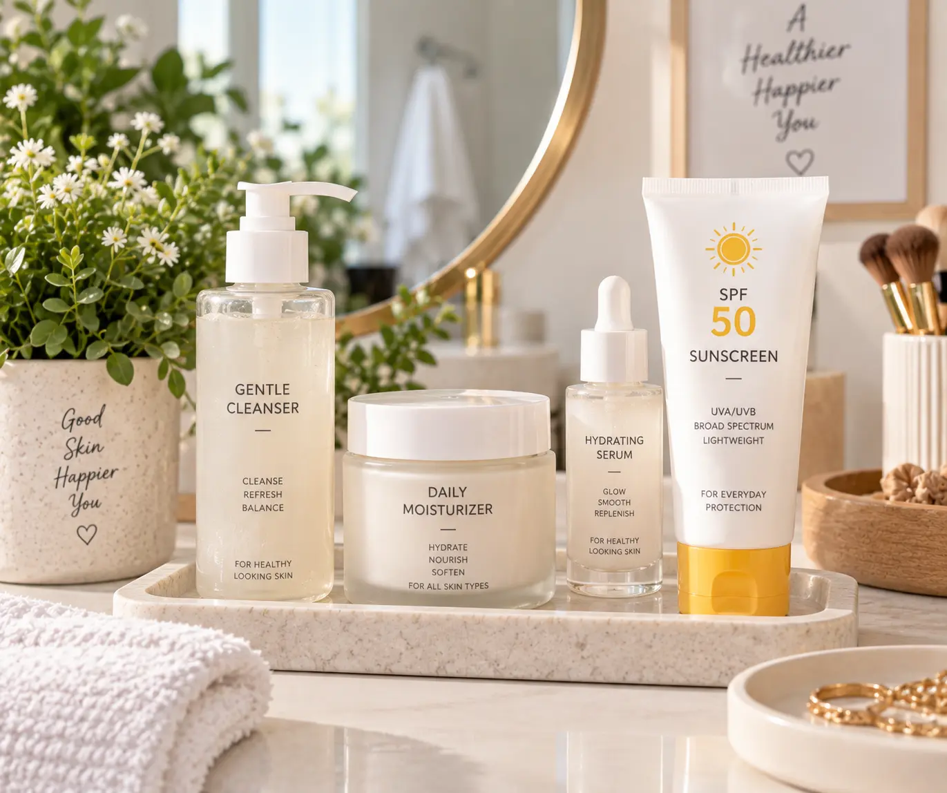Skincare products selected for a simple daily routine
