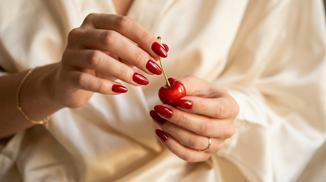 Elegant cherry red nails holding a fresh red cherry with cream silk background in warm golden light