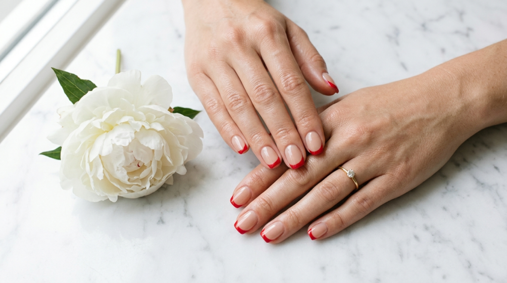 Modern cherry red French tip nails on nude blush base, flat-lay on white marble surface beside a fresh white peony and gold ring