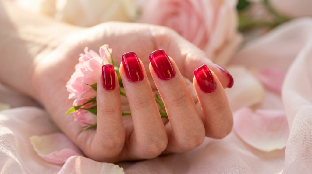 Translucent cherry red jelly nails with a glass-like inner glow photographed against soft pink rose petals in warm natural backlight