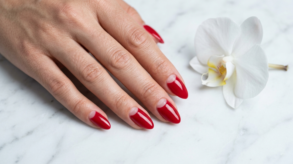 Cherry red nails with geometric negative space crescent cutouts near the cuticle, photographed on white marble beside a single white orchid