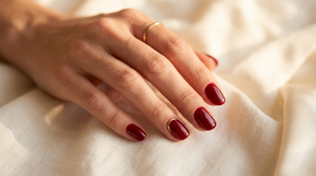 Glossy cherry red gel nails with a delicate gold stripe accent on ring finger, photographed in warm golden-hour light on cream linen background