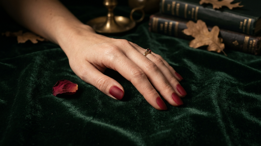 Matte cherry red nails resting on dark forest green velvet surface with moody autumn lighting and a dried red rose petal beside the hand